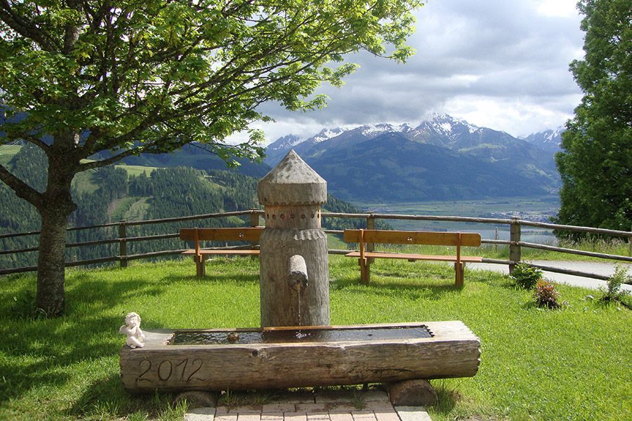 Holzbrunnen im wunderschönen Garten
